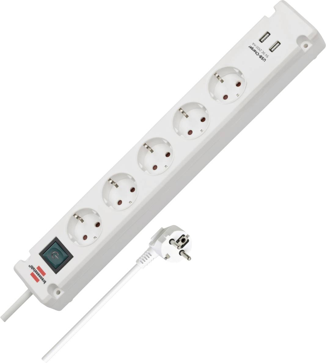Bela razdelilna naprava s šestimi evropskimi vtičnicami, dvema USB vrati in stikalom za vklop/izklop, prikazana s priloženim vtikačem in kablom.