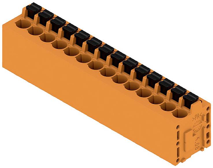 Oranžen plastični povezovalni blok z 12 črnimi sponkami na vrhu, ki se uporabljajo za električne povezave.