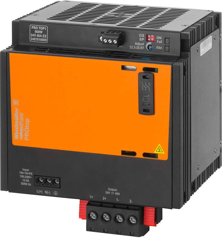 Elektronski stikalni napajalnik Weidmüller, model PROtop, z oranžno sprednjo ploščo, priključne sponke spodaj.