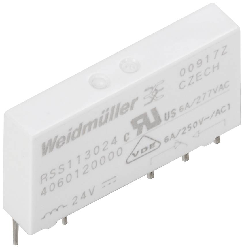 Belo Weidmüller rele z modelno številko RSS113024C, primerno za 6A/250V izmenični tok. Ima šest kovinskih pinov za vstavljanje.
