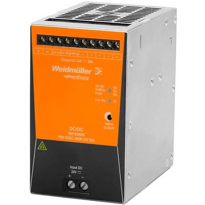 Weidmüller DC/DC pretvornik, serija PRO DCDC, 24V vhodna in izhodna napetost, 20A izhodni tok. Indikacijske LED-luči za stanje in napake.