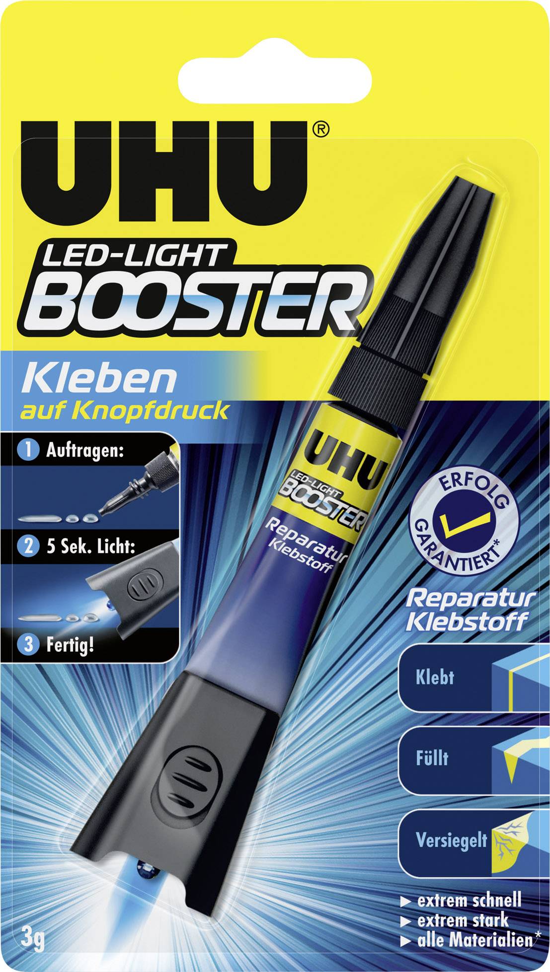 Embalaža lepila 'UHU LED-Light Booster'. Vsebuje LED svetlobno pero in lepilo. Besedilo: 'Lepljenje na gumb', 'izjemno hitro'.