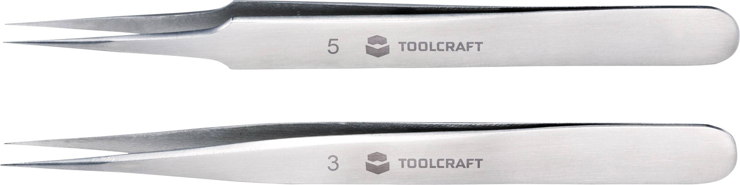 Dve precision pinceti iz kovine, vsaka z fino konico. Nad konicama sta vidni številki '5' in '3' ter logotip 'TOOLCRAFT'.