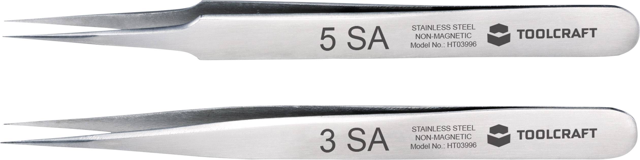 Dve nerjaveči pinceti znamke Toolcraft, ena z napisom '5 SA' in druga '3 SA', obe nemagnetni.