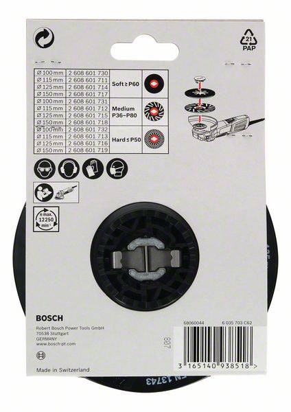 Boschev komplet dodatne opreme za brusilno napravo s brusilnimi ploščami velikosti 100 mm, 115 mm, 125 mm. Primerno za les, barvo, kovino.