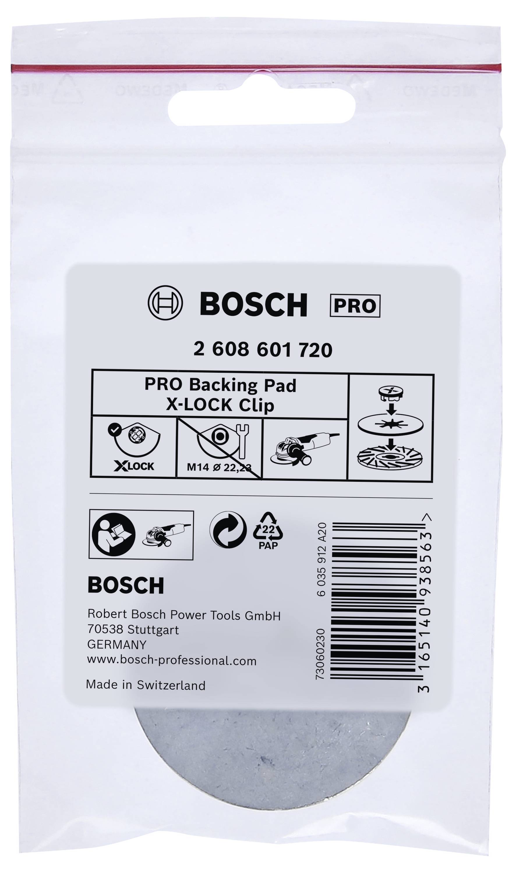 'Bosch PRO brusilni disk X-LOCK Clip' embalaža z logotipi, informacijami o izdelku in proizvajalcu, Made in Switzerland.