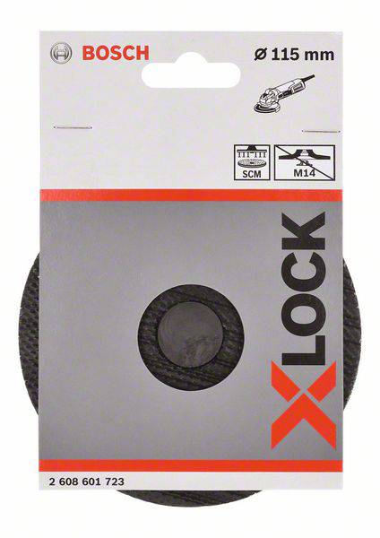 'X-Lock' brusilna plošča Bosch, premer 115 mm, za kotni brusilnik. Embalaža prikazuje informacije o izdelku.