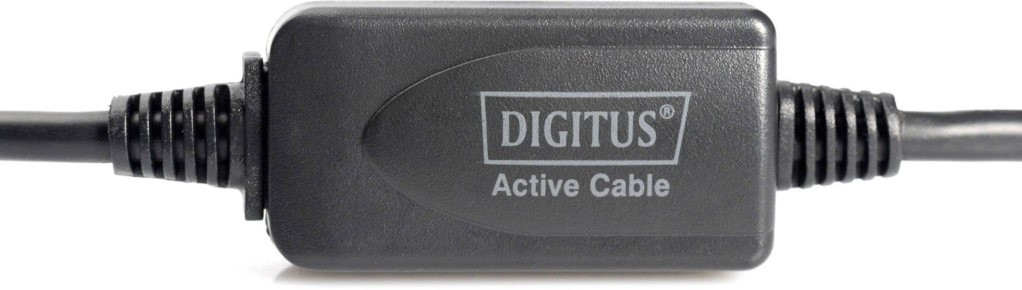 Črn USB kabel z zadebeljenostjo na sredini, na kateri piše 'DIGITUS® Active Cable'.