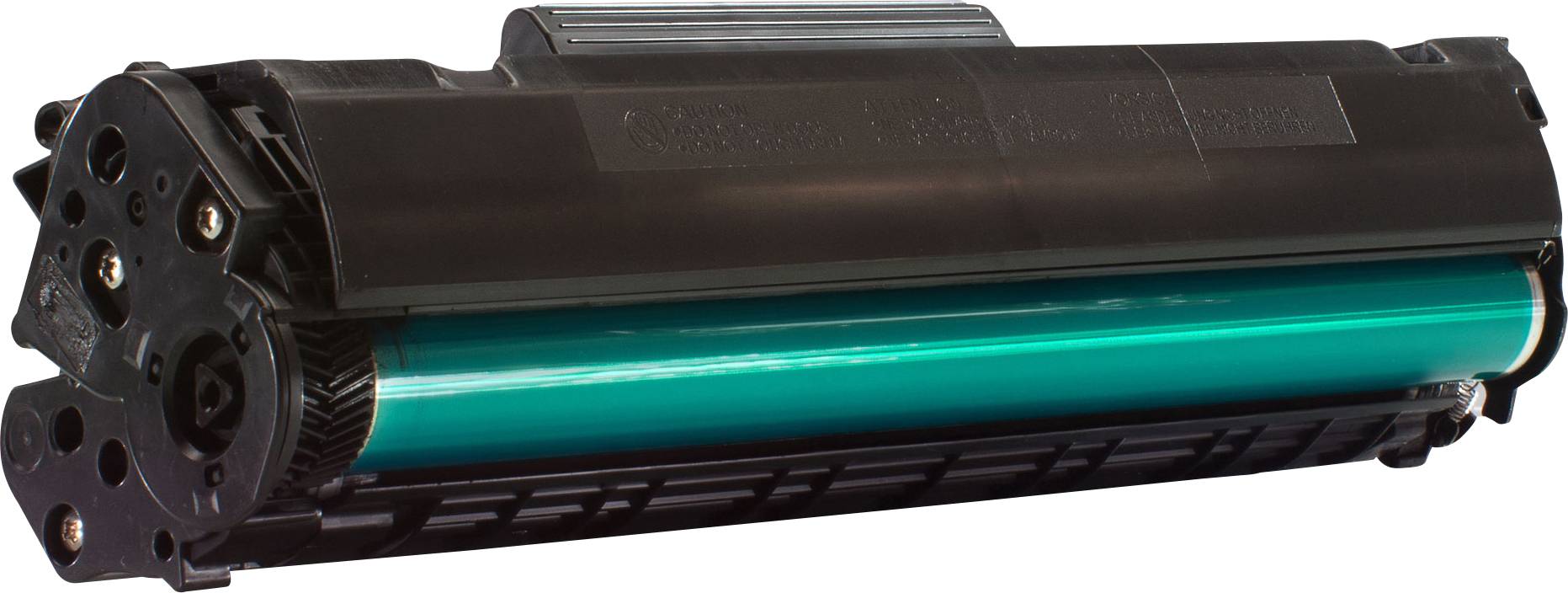 Črn tonerski cartridge za laserski tiskalnik, ležeč vodoravno, z zeleno bobno enoto.