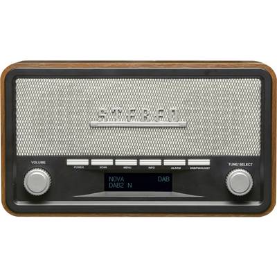 Retro radio z lesenim okvirjem in digitalnim zaslonom prikazuje opcije postaje 'NOVA DAB2'. Veliki gumbi za glasnost in iskanje postaj.