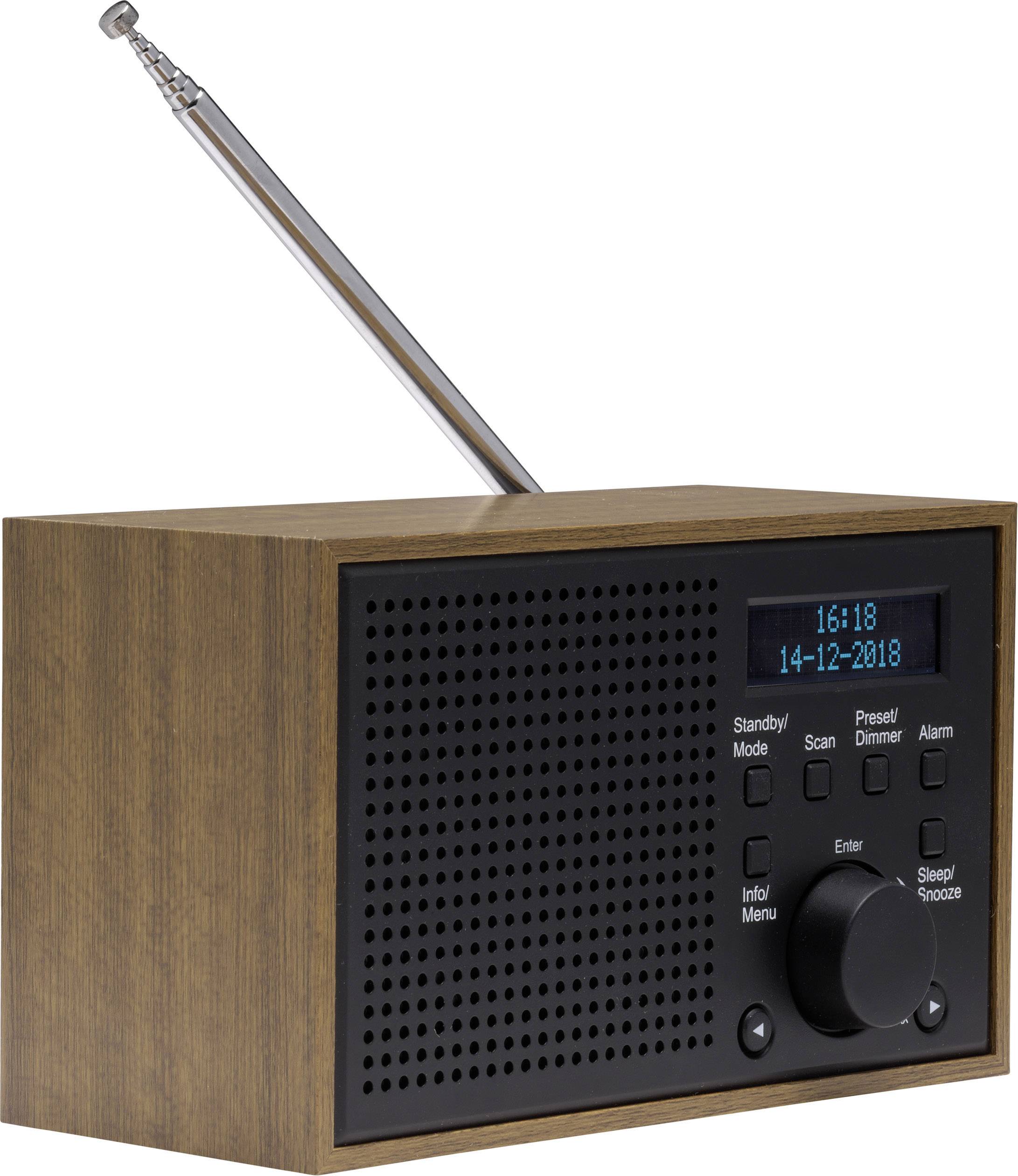 Retro radio z lesenim ohišjem in izvlečno anteno na zaslonu prikazuje čas 16:18 in datum 14-12-2018.
