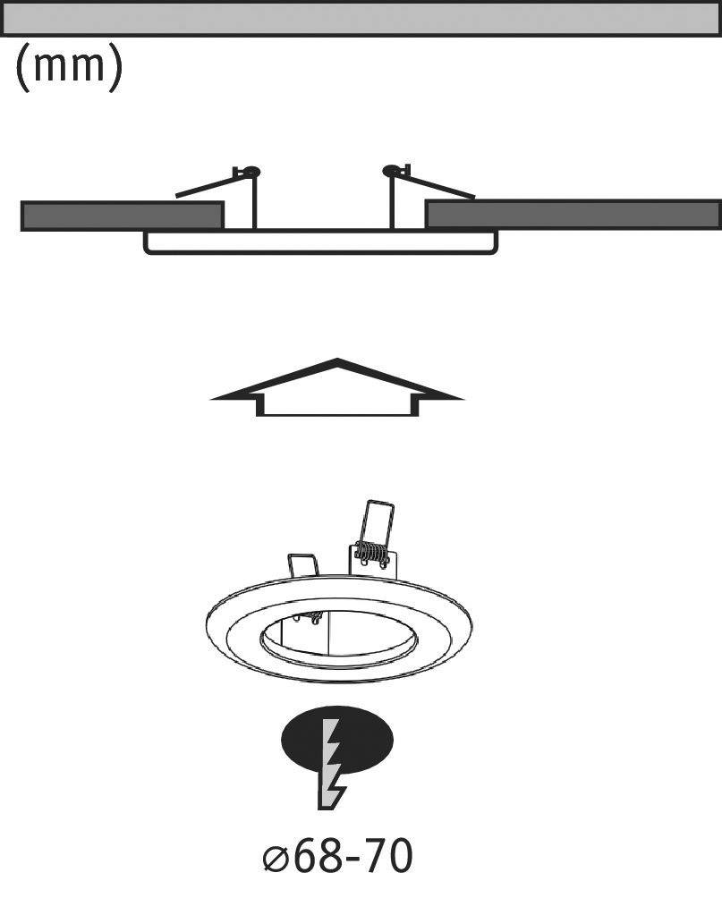 Diagram za namestitev vgradne svetilke, prikazuje mere in navodila za montažo, primeren za odprtine s premerom 68-70 mm.