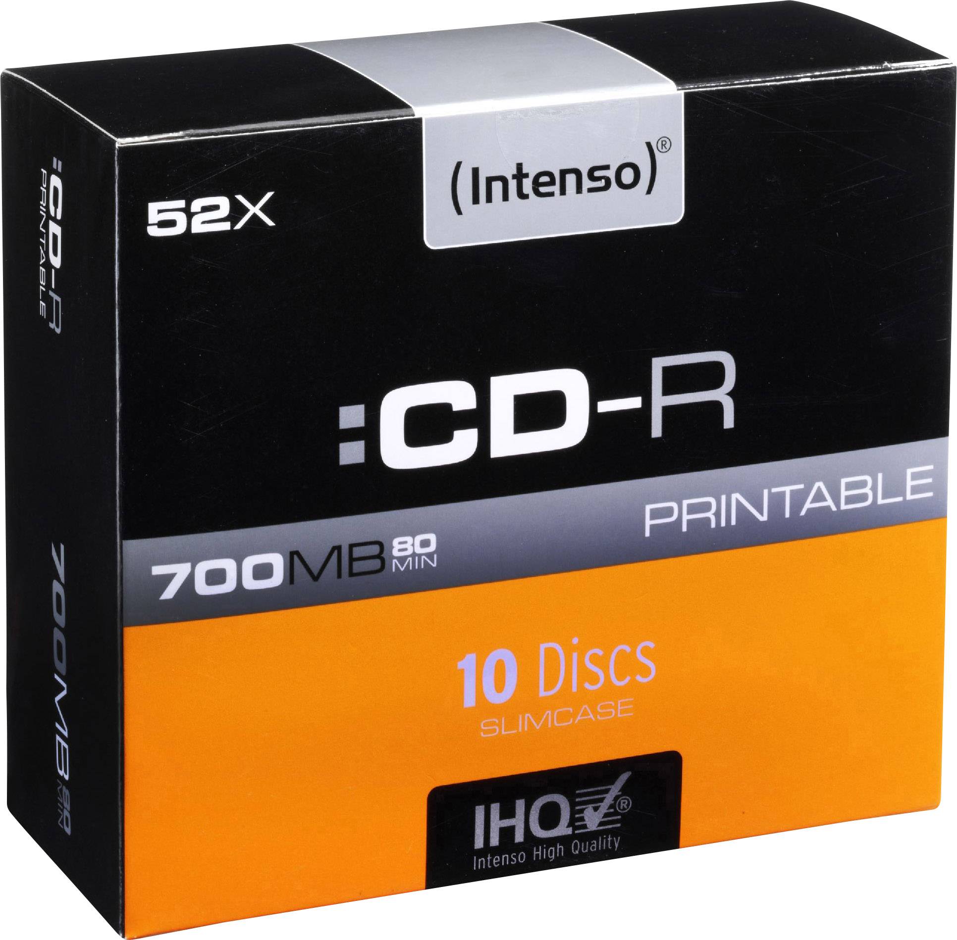 'Črna embalaža z napisom 'CD-R', 700 MB, 80 minut, 52X, 10 diskov, Slimcase, znamka Intenso.'