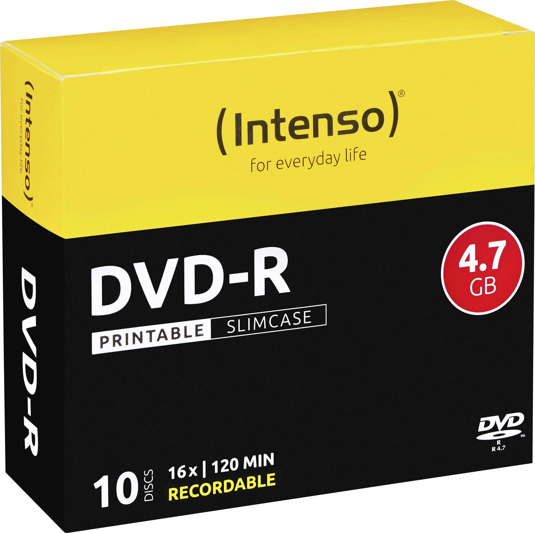Intenso DVD-R 10-delno pakiranje v tankem ovitku, 4,7 GB kapaciteta, 16x hitrost, 120 minut snemalne časa, rumeno-črn dizajn.