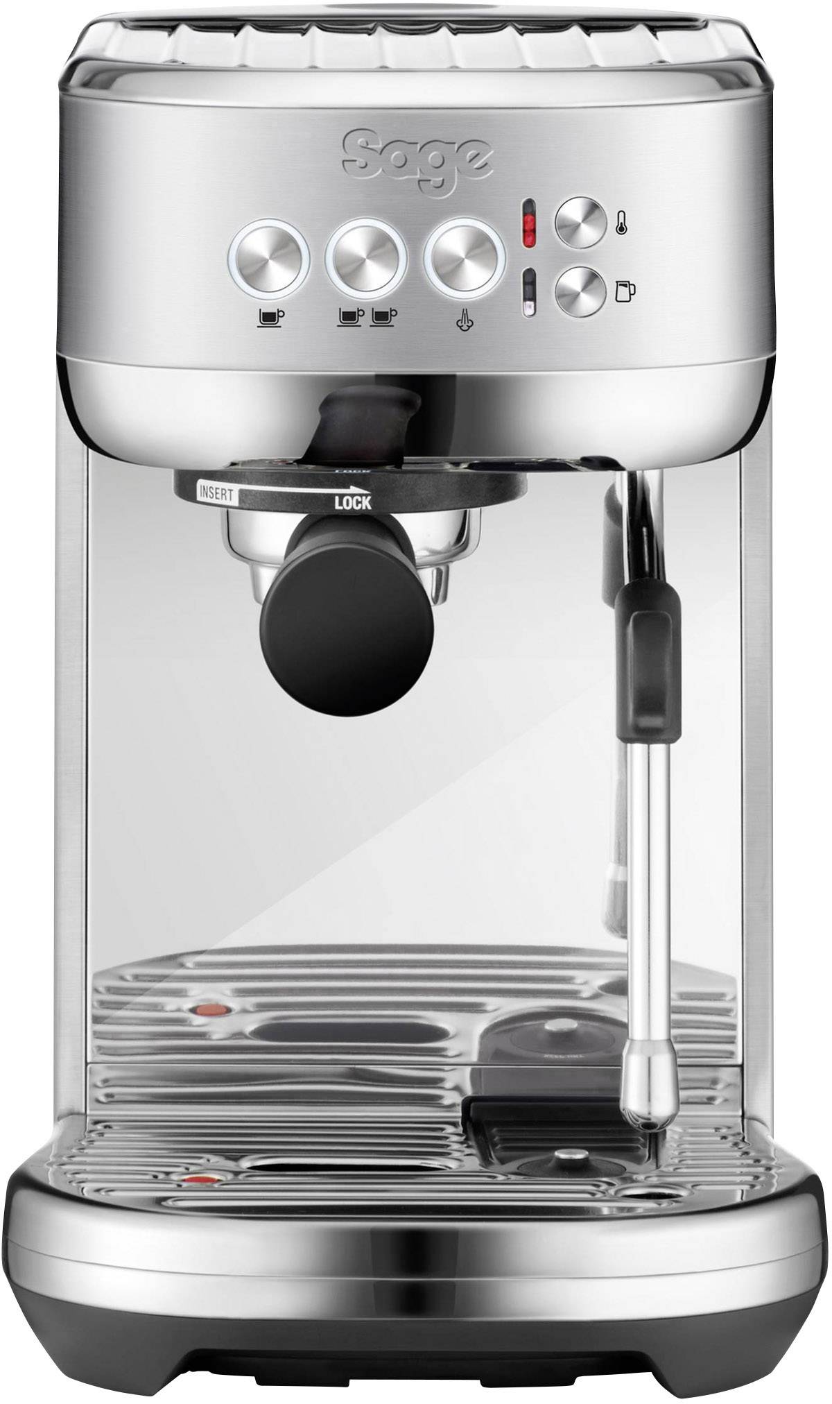 Srebrni espresso aparat s tremi gumbi in parno palico, primeren za pripravo kavnih specialitet doma.