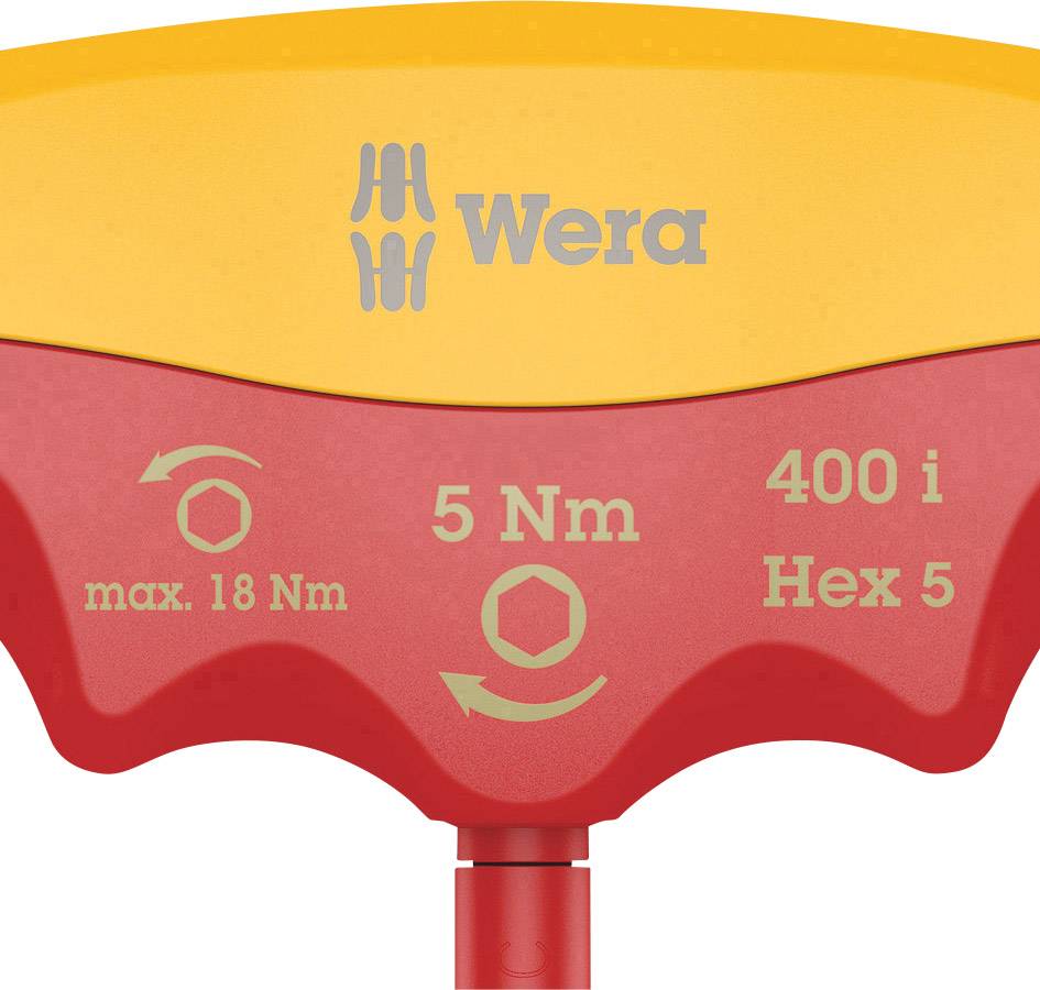Momentni ključ znamke Wera, rdeče-rumene barve, z oznako '5 Nm', maksimalno '18 Nm' in 'Hex 5', primeren za natančna vijačenja.