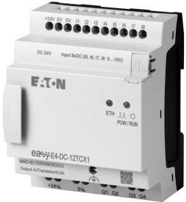 Programirljivi logični krmilnik znamke Eaton, model EA9-Y-E4-DC-12TCX1, z priključki in LED-indikatorji za napajanje.