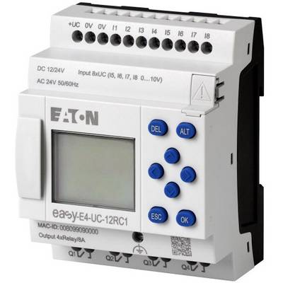 Programirljivo krmilno rele Eaton z zaslonom in modrimi tipkami, model easyE4-UC-12RC1, primeren za 12/24V DC vhod.