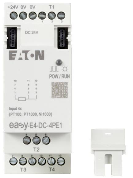 'Električna komponenta z napisom EATON easyE4-DC-4PE1, prikazuje priključke za +24V do 0V, T1 do T4. Oznaka: POW/RUN, DC 24V.'