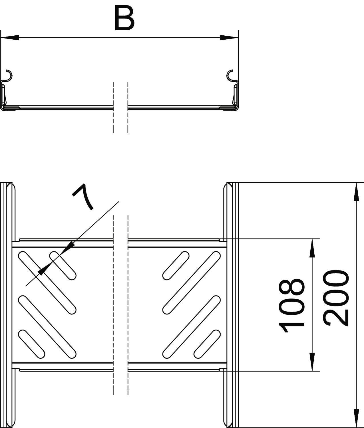 Tehnična risba kovinskega profila, prikazanega od zgoraj in s strani. Navedena sta širina B in višina 108 mm in 200 mm.