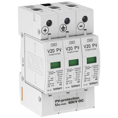 Naprava za zaščito pred preobremenitvijo OBO V20 PV z zelenim kontrolnim oknom, primerna za fotovoltaične sisteme do 600 V DC.