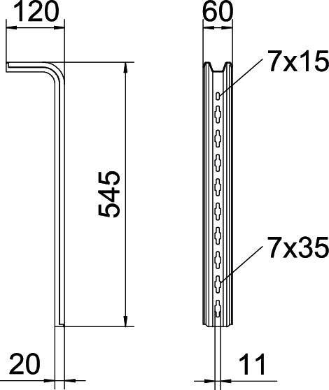 Tehnična risba kovinskega profila z merami: višina 545 mm, širina 120 mm in 60 mm. Razpored lukenj: 7x15 mm, 7x35 mm.