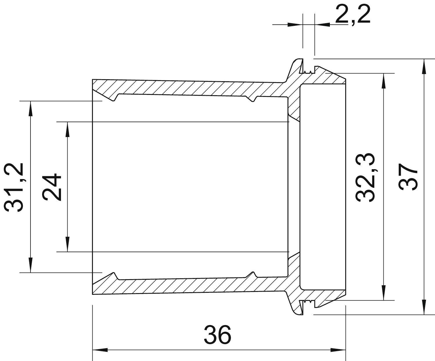 Tehnična risba komponente z merami: širina 36 mm, višina 37 mm, druge mere 31,2 mm, 32,3 mm in 2,2 mm prikazane.