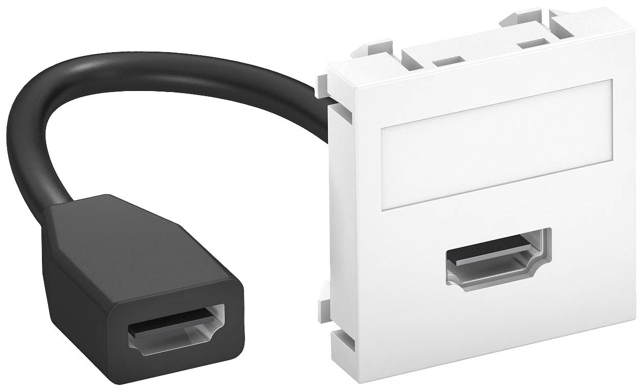 Črn HDMI-kabel, ki je povezan z belo priključno škatlo, prikazuje HDMI vhodni in izhodni priključek.