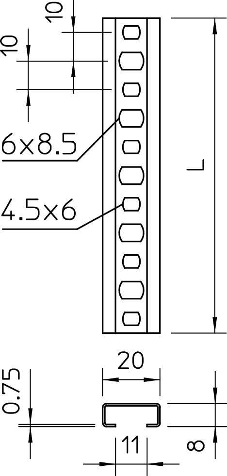 Tehnična risba kovinskega profila s kvadratnimi luknjami. Mere: 6x8,5 in 4,5x6. Višina profila: 20, širina: 11, globina: 0,75.