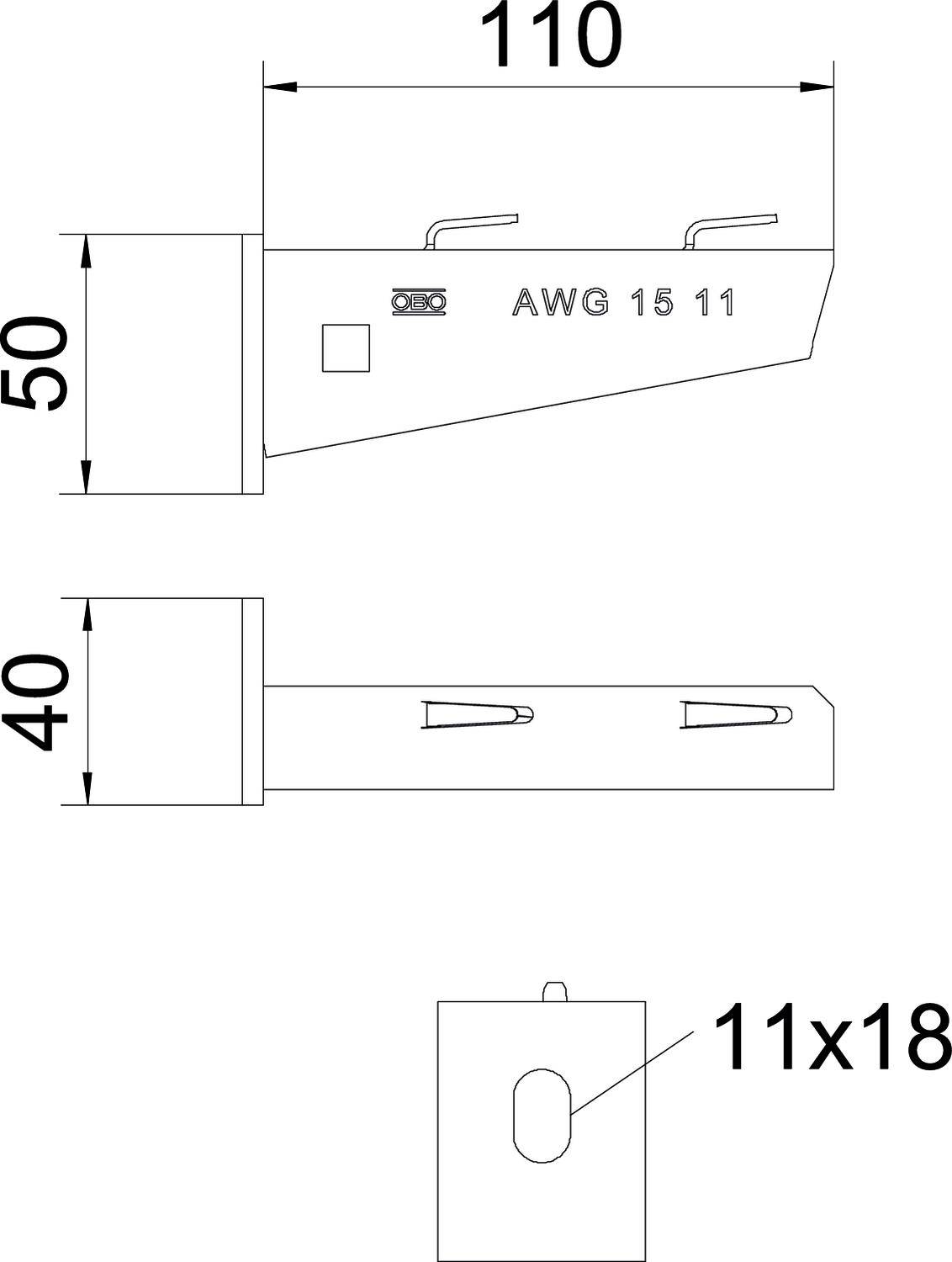 Tehnična risba pravokotnega kovinskega dela z dimenzijami 110 x 50 x 40. Označen z 'AWG 15 11'. En utor velikosti 11 x 18.