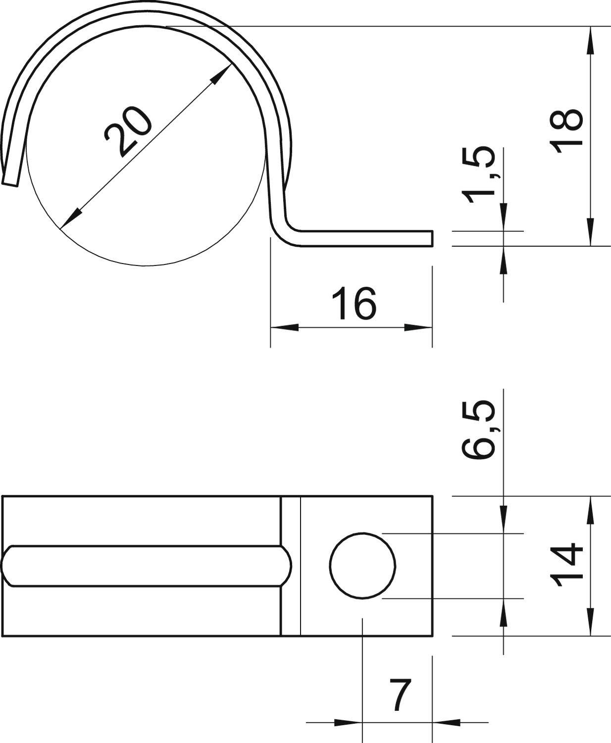 Tehnična risba kovinske sponke z merami: celotna dolžina 16 mm, premer 20 mm, višina 18 mm. Pogledi: stranski, zgornji.