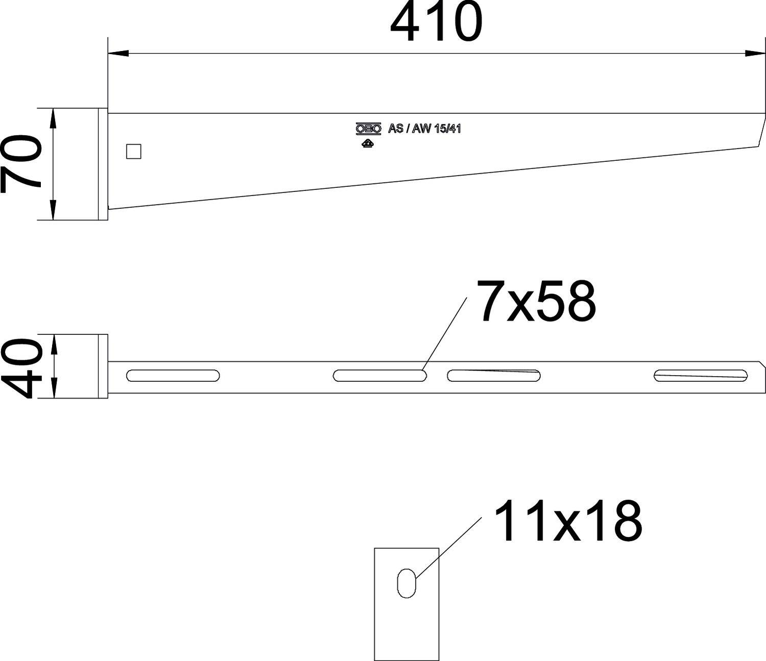 Tehnična risba kovinskega kota z merami: 410 mm dolžina, 70 mm višina, 40 mm globina. Podrobnosti lukenj: 7x58 in 11x18 mm.