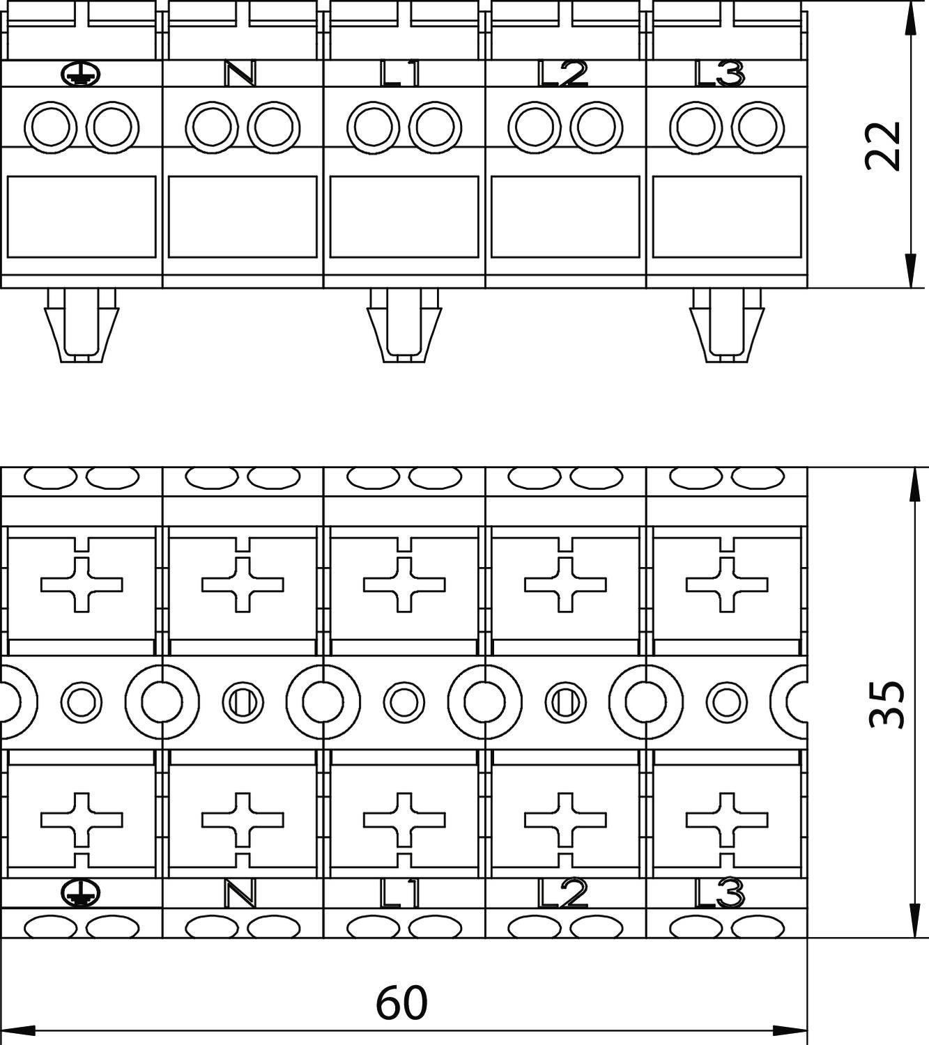 Tehnična risba električnega stikala z priključnimi sponkami, označenimi z L1, L2, L3, N. Dimenzije: 60x35x22 mm.