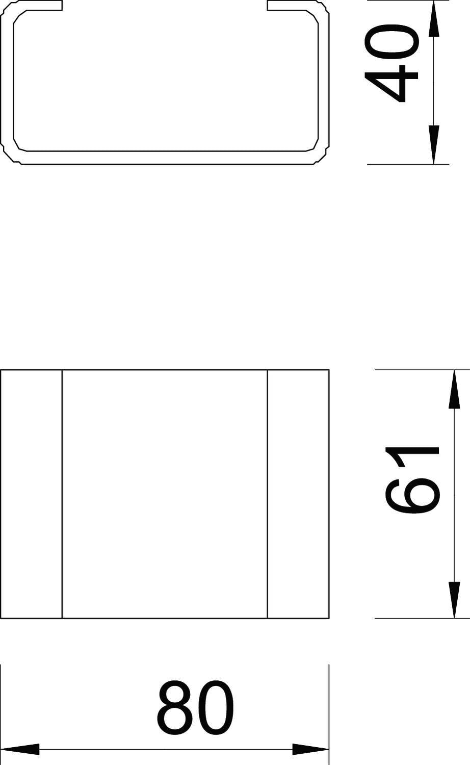 Diagram pravokotnega dela z merami: višina 40 mm, širina 80 mm, globina 61 mm. Prikaz iz dveh kotov.