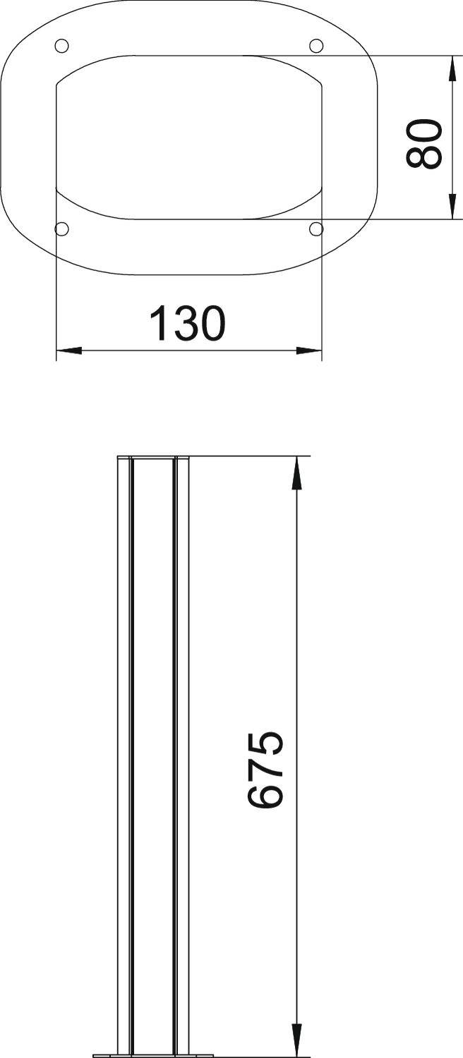 Tehnična risba pravokotnega kovinskega kosa dimenzij 130x80 mm in višine 675 mm. Zgoraj štiri pritrdilne luknje.