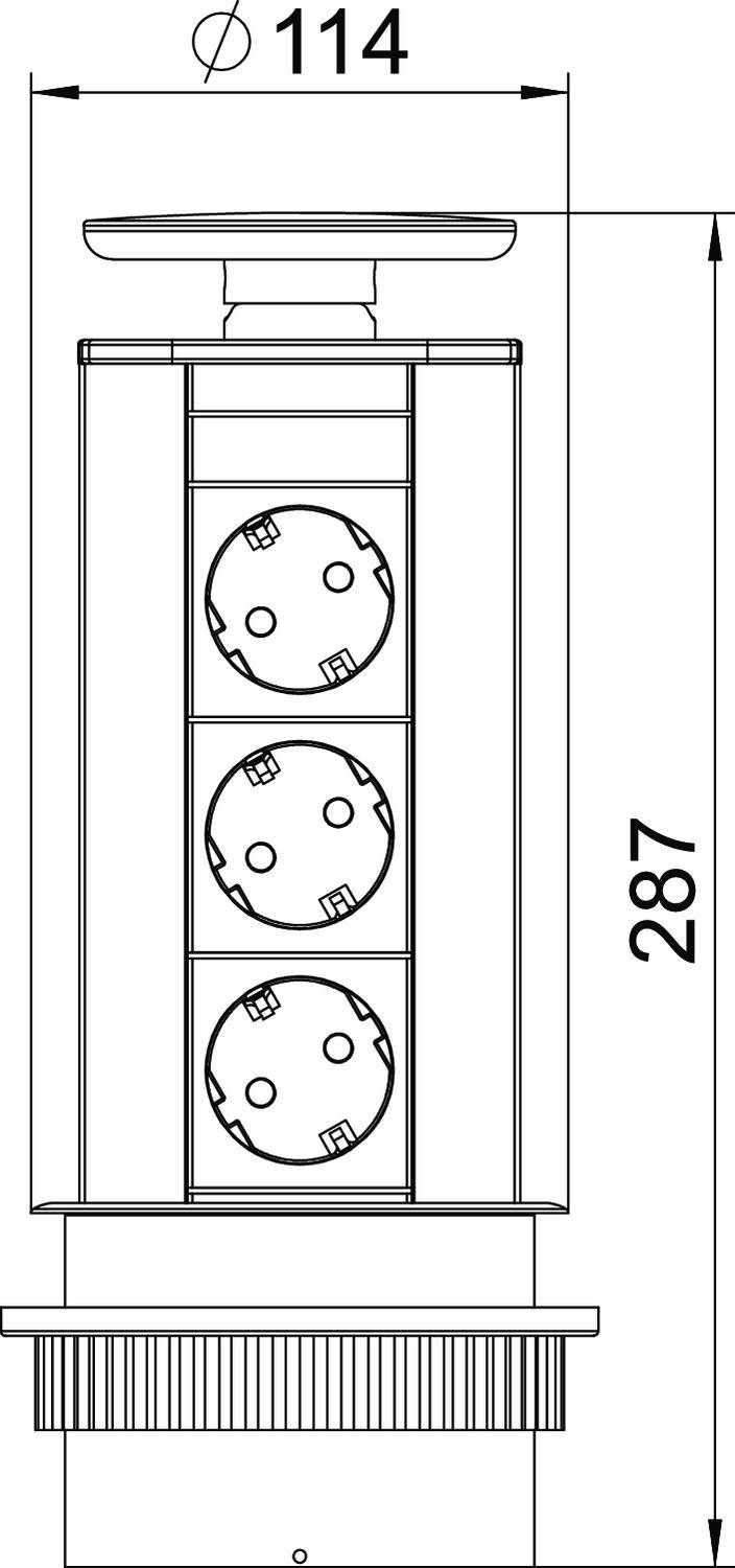 Tehnična risba navpične razdelilne letve s tremi vtičnicami. Mere: premer 114 mm, višina 287 mm.