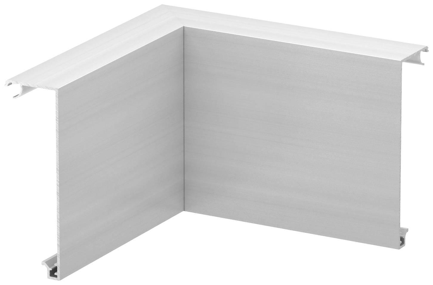 Aluminijasti L-profil v kotu. Profil ima srebrno, ščetkano površino in je pravokotno upognjen.