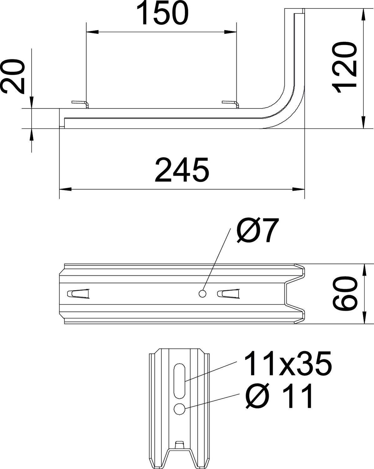 Tehnična risba kovinskega profila z L-upogibom: višina 120 mm, dolžina 150 mm, luknje Ø7 mm in 11x35 mm, širina 60 mm.