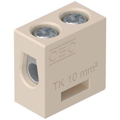 Vtičnica v bež barvi z dvema vijakoma, označena z 'OBO' in 'TK 10 mm²', primerna za električne povezave.