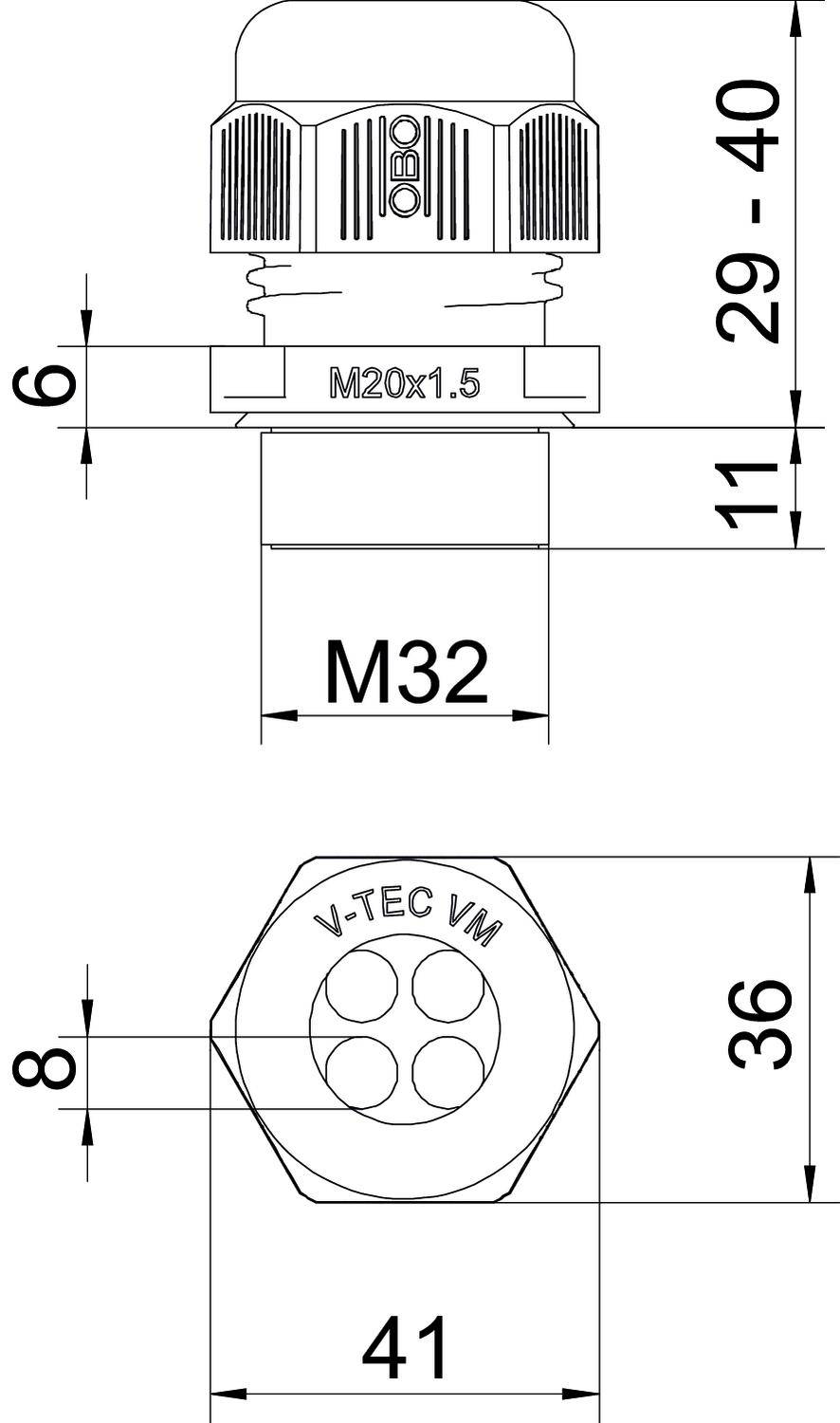 Tehnična risba kabelske uvodnice z merami M32, M20x1,5. Zgoraj pogled s oznako OBO, spodaj pogled od zgoraj z napisom 'V-TEC VM'.