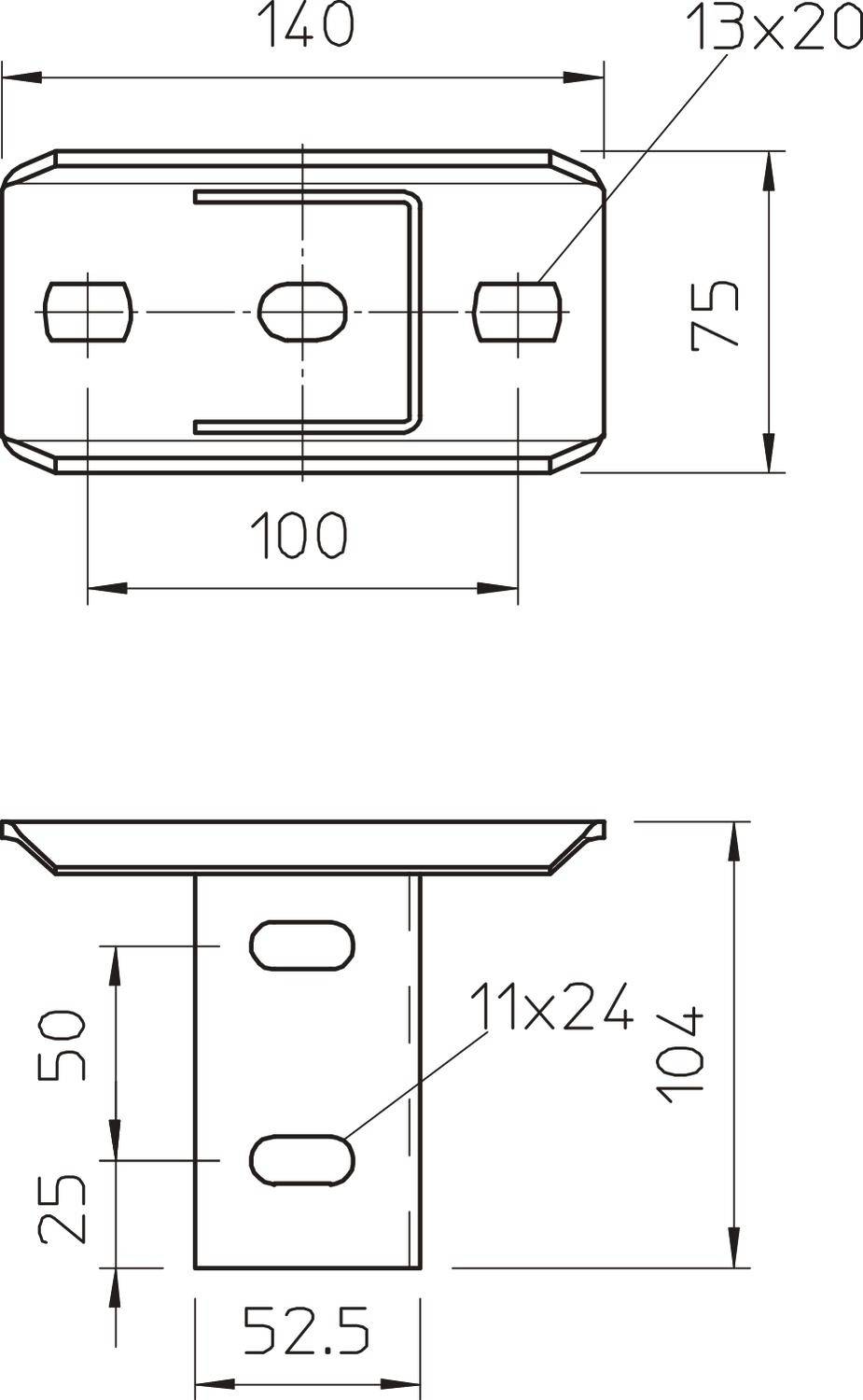 Tehnična risba kovinske objemke z merami: zgoraj 140x75, sredina 100, stran 50x52,5 in višina 104. Luknje za vijake označene.