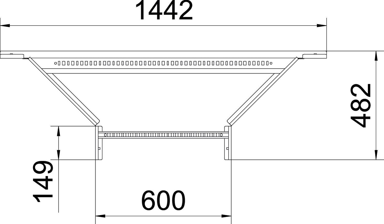 Tehnična risba platforme z merami: širina 1442 mm, višina 482 mm. Višina spodnjega ogrodja 149 mm, bazna dolžina 600 mm.