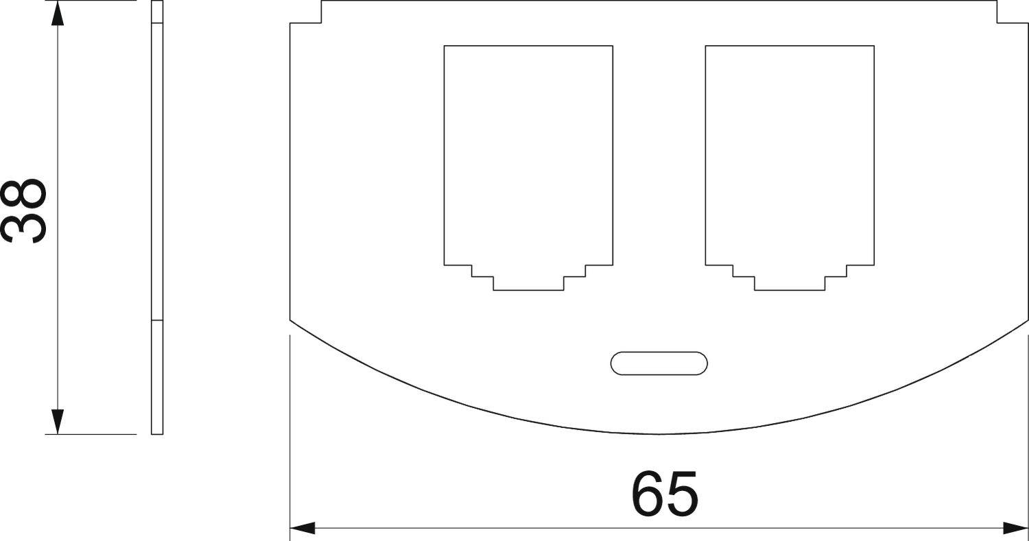 Tehnična risba pravokotnega dvojnega RJ45 priključka z dimenzijami 38 mm višine in 65 mm širine, stranski in čelni pogled.