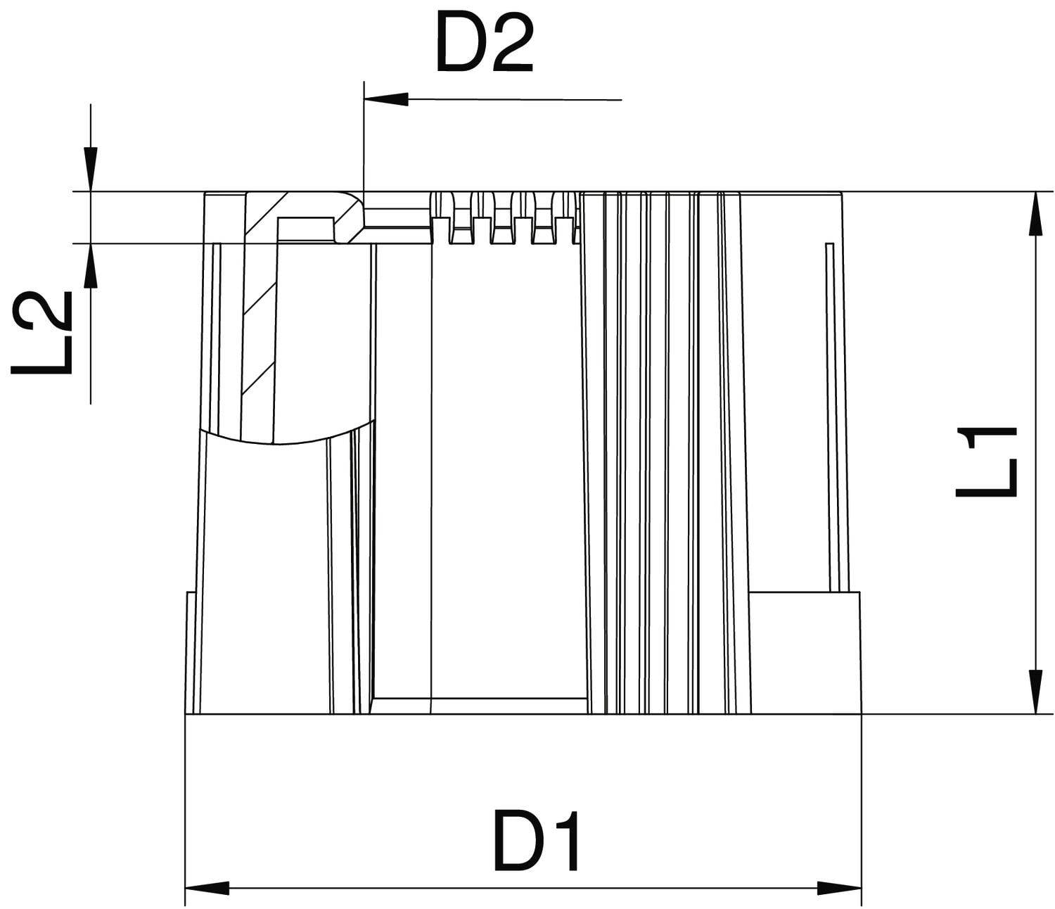 Tehnična risba cilindričnega objekta z označenima dvema premeroma (D1, D2) in dvema dolžinama (L1, L2).