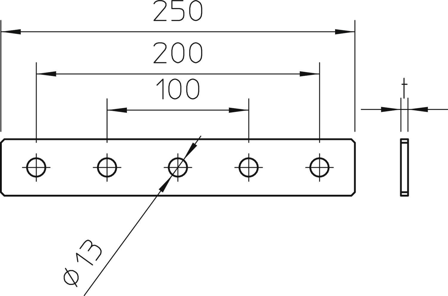 Tehnična risba pravokotnega kovinskega kosa s petimi luknjami. Mere: 250 mm dolžina, luknje na razmaku 100 mm, premer 13 mm.