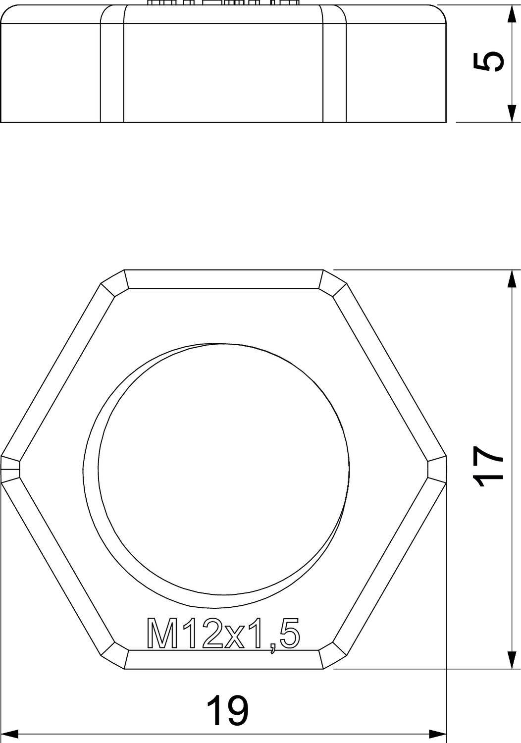 Tehnična risba šestrobe matice M12x1,5. Mere: 19 mm širina, 17 mm notranji premer, 5 mm višina. Pogled od zgoraj in s strani.
