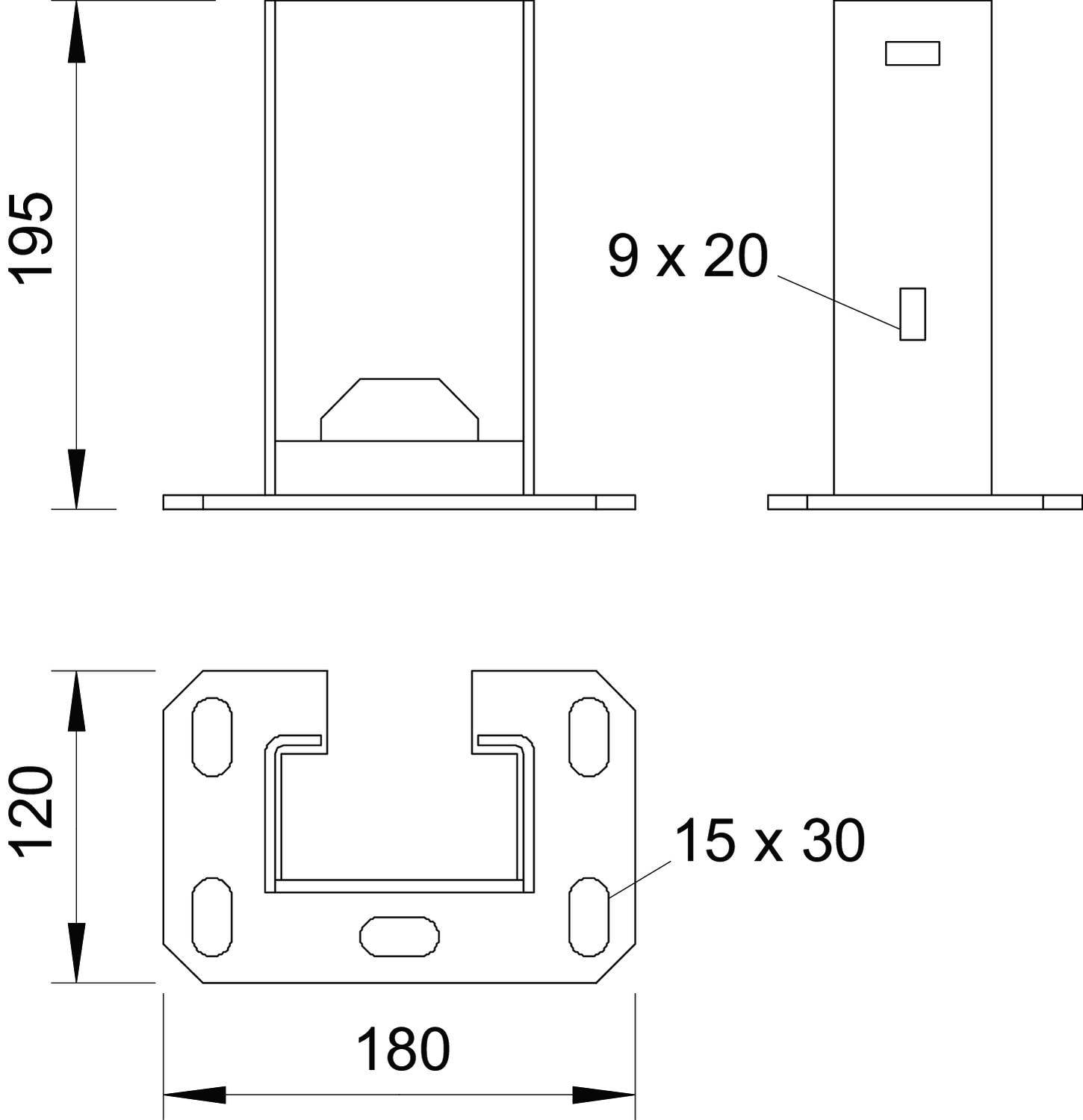 Tehnična risba prikazuje dva pogleda kovinskega profila z merami: višina 195, širina 180, globina 120. Podrobnosti: luknje 9 x 20, 15 x 30.