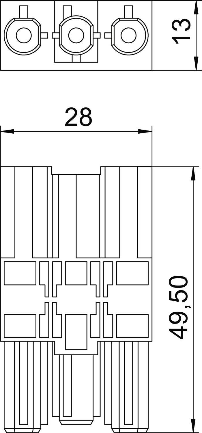 Tehnična risba električnega priključnega bloka z dimenzijami 13 mm, 28 mm in 49,5 mm.