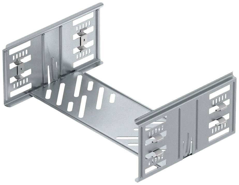Srebrn kovinski montažni element pravokotne oblike s stranskimi zarezbami, verjetno namenjen namestitvi elektronskih naprav.