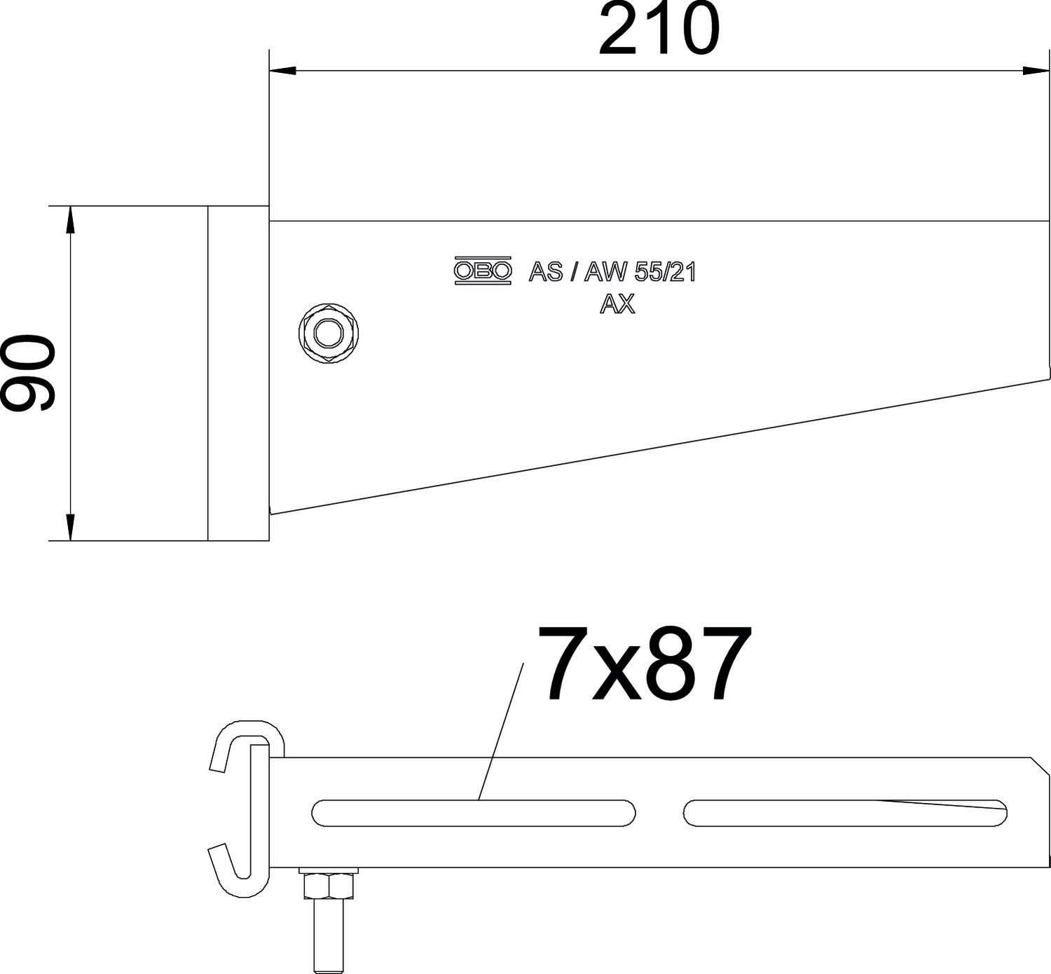 Tehnična risba nosilne roke z merami: dolžina 210 mm, višina 90 mm. Oznaka 'AS / AW 55/21 AX'. Stranski pogled spodaj prikazuje 7x87.